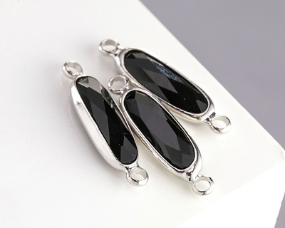 Jet Crystal Elongated Oval Link in Silver Finish Bezel 22x6mm