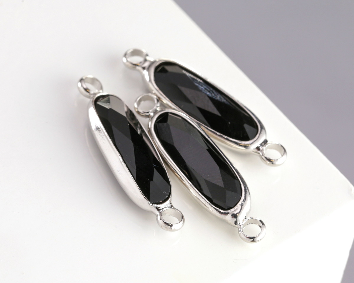Jet Crystal Elongated Oval Link in Silver Finish Bezel 22x6mm