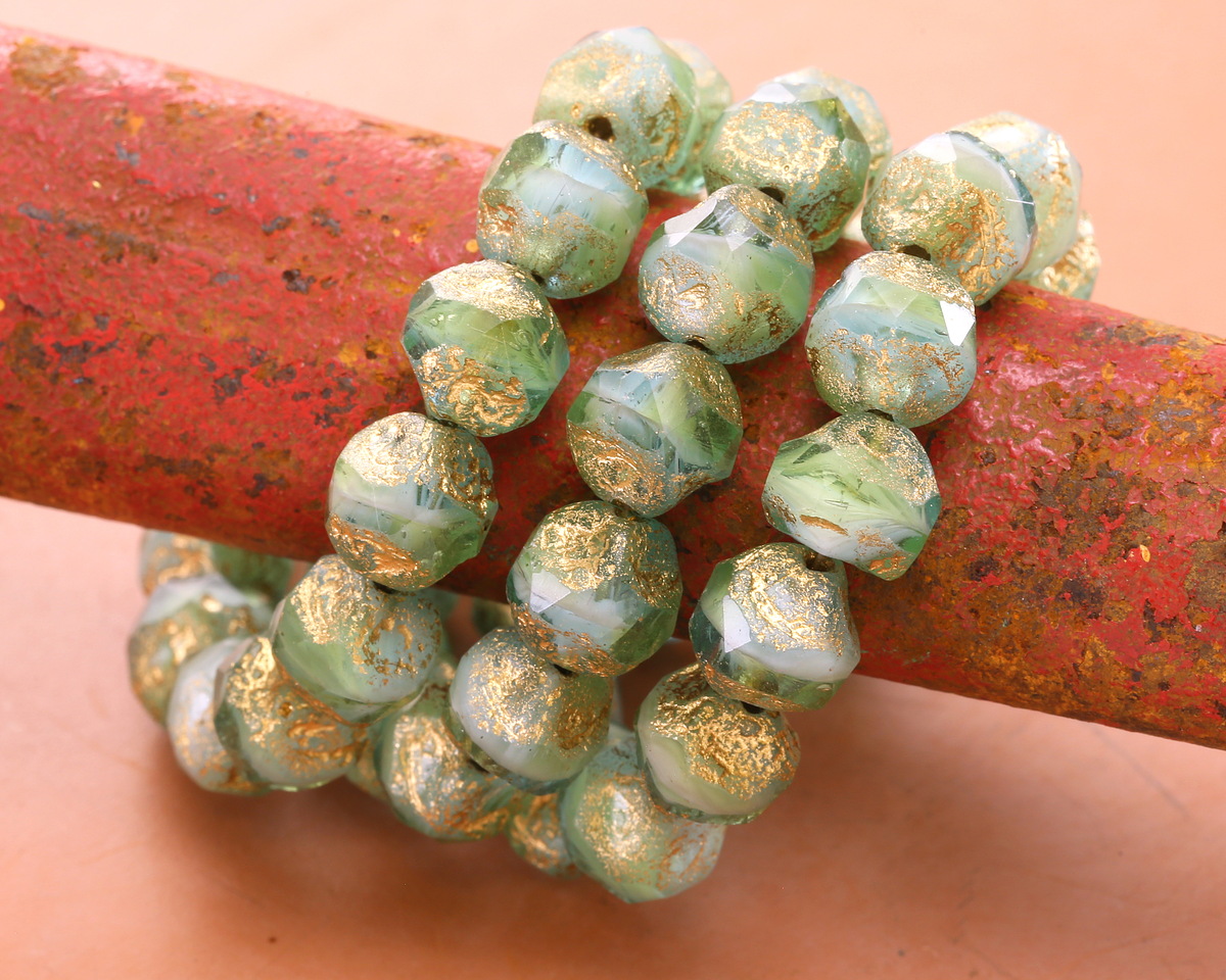 Czech Glass Textured Peruvian Blue Opal Mix w/ Bright Gold Wash Chandelier Cut 8mm