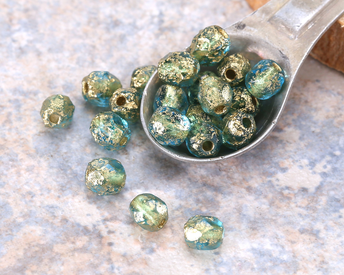 Czech Glass Textured Aquamarine w/ Gold Wash Fire Polished Round 6mm