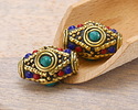 Nepalese Brass w/ Turquoise,Lapis, & Coral Ornate Rice Bead 22-24x15mm