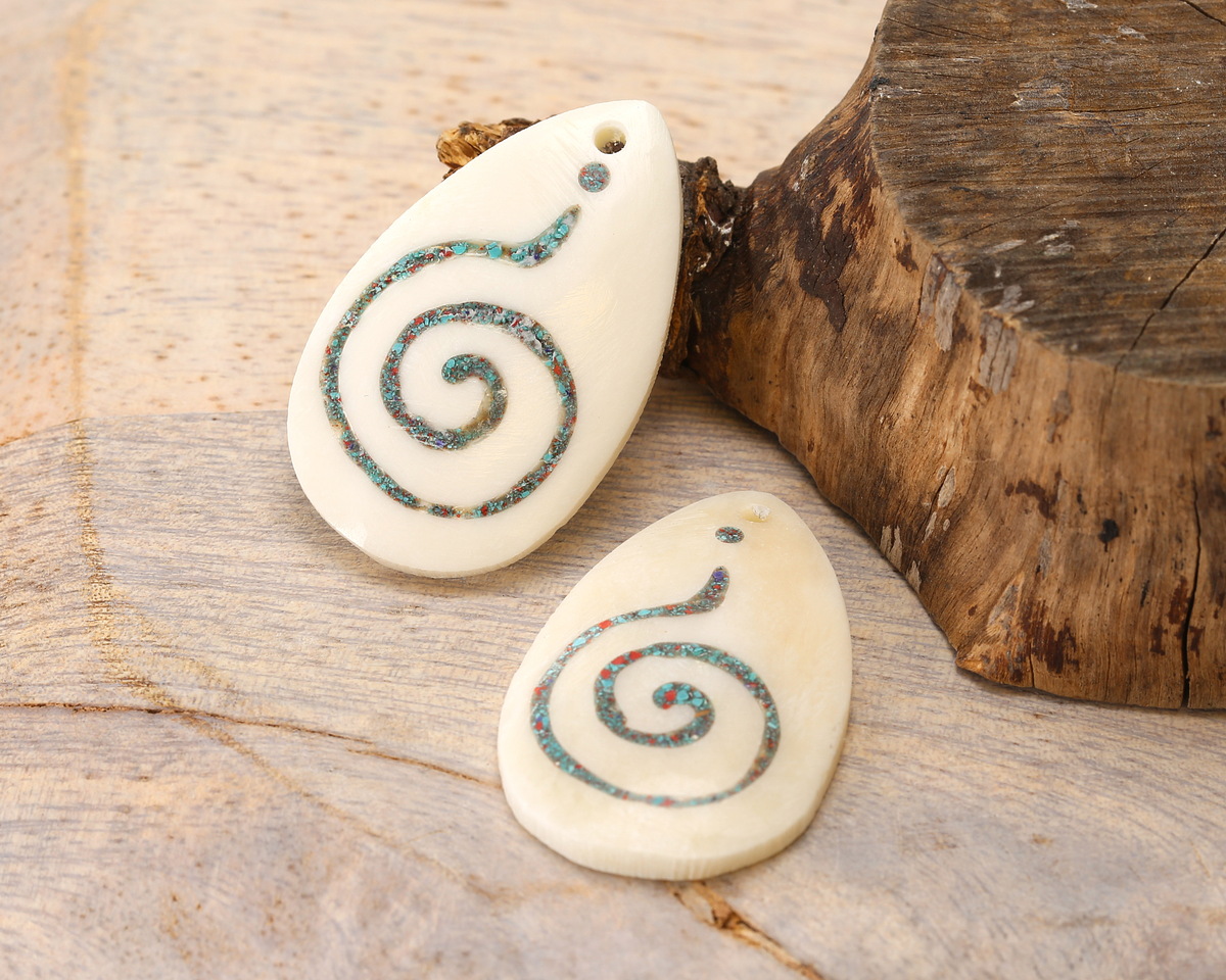 Nepalese Bone w/ Mosaic Turquoise and Coral Unalome Spiral Teardrop Focal 23x37-40mm