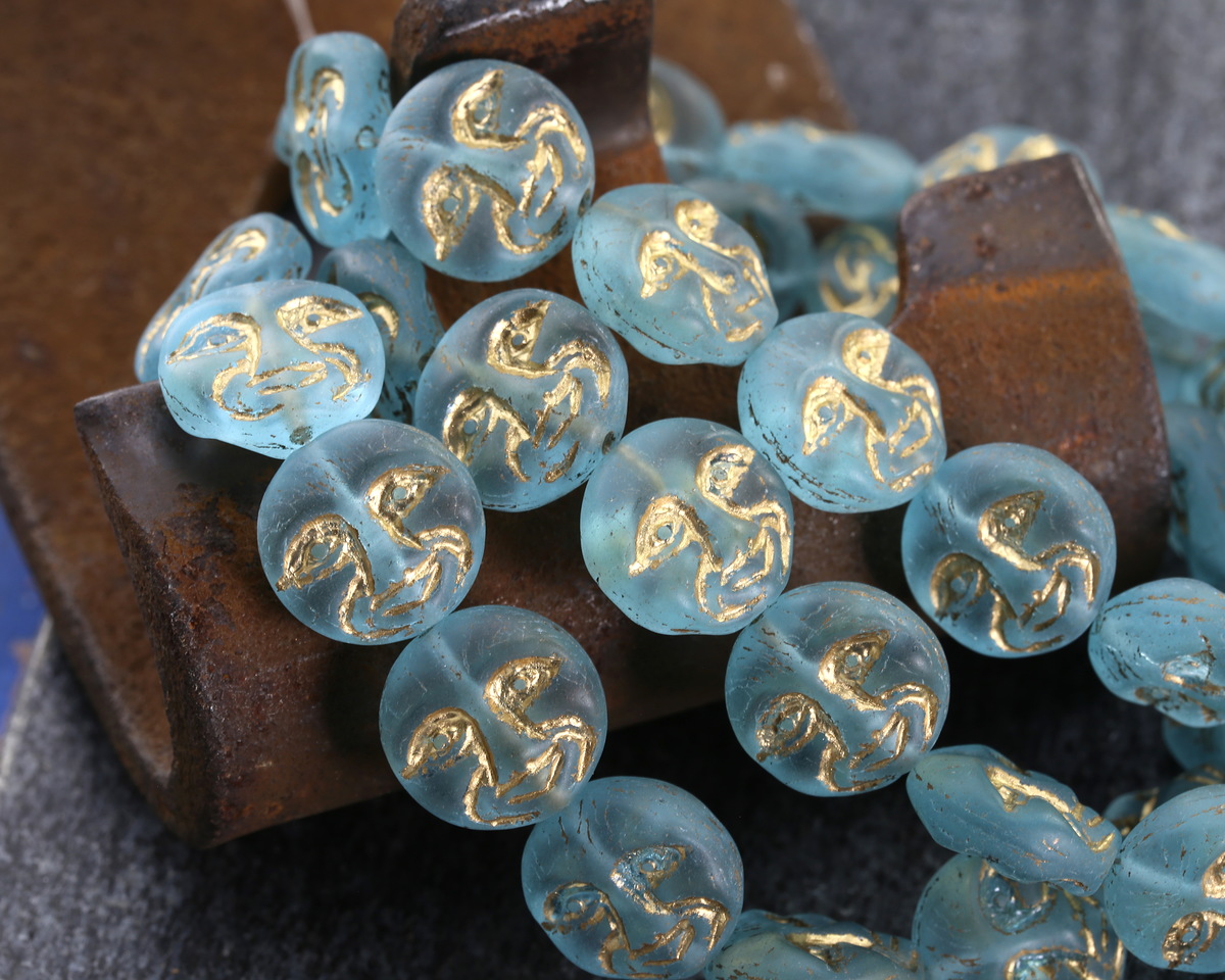 Czech Glass Matte Aquamarine w/ Gold Moon Face 13mm