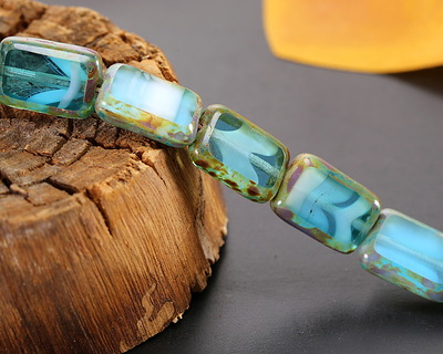 Czech Glass Capri Blue Waters Picasso Rectangle 12x8mm