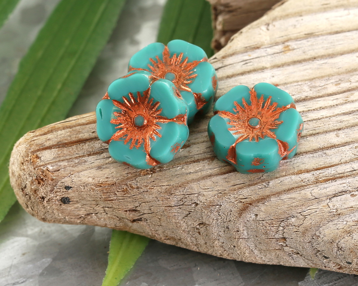 Czech Glass Green Turquoise w/ Copper Hibiscus Coin 12mm