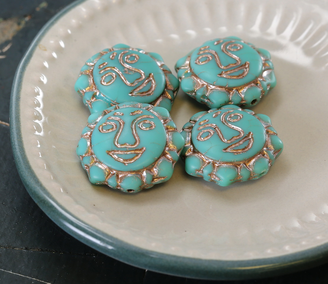 Czech Glass Matte Turquoise w/ Platinum Sun Face 18mm