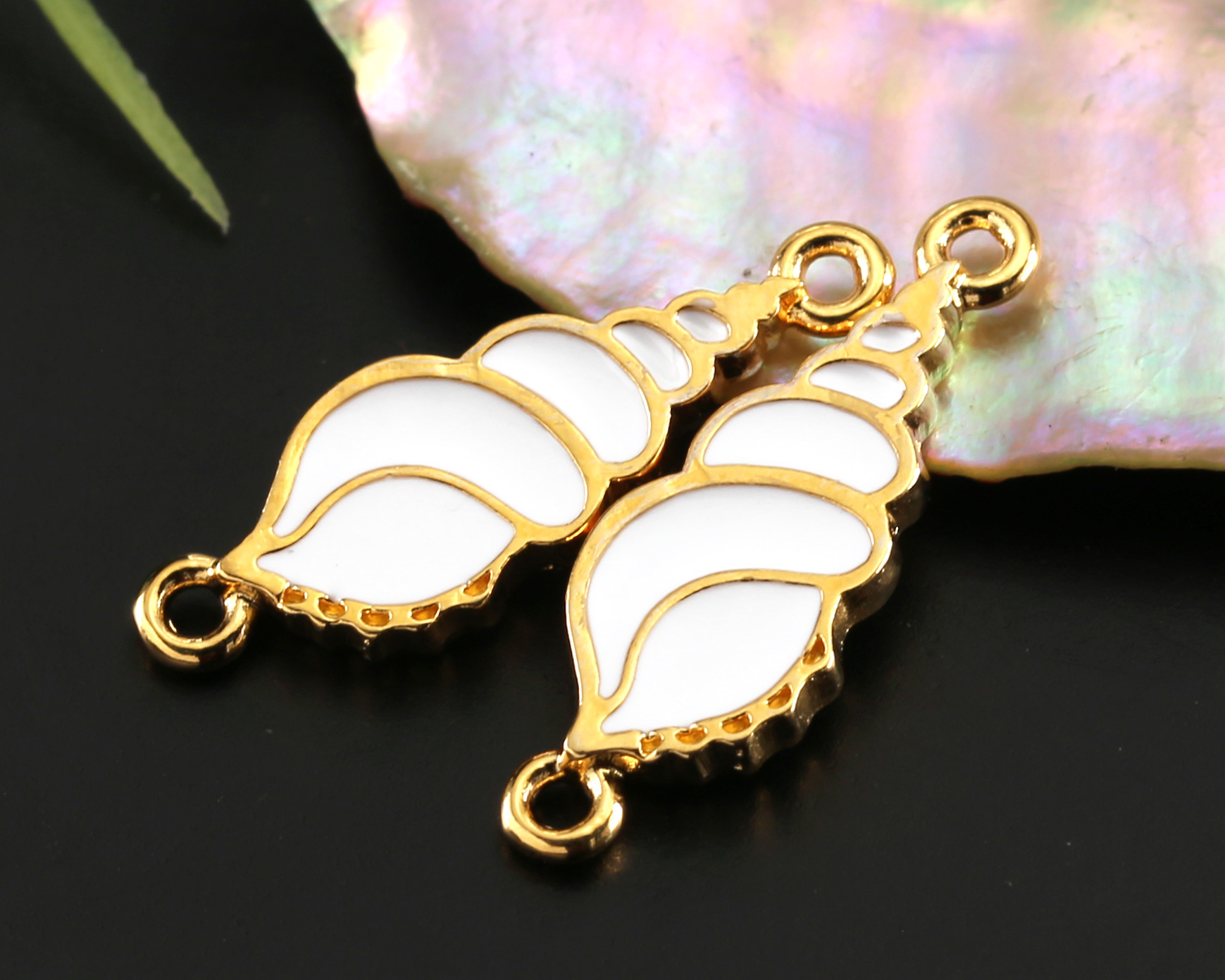 24K Gold (plated) White Enamel Triton Shell Focal Link 23x8mm