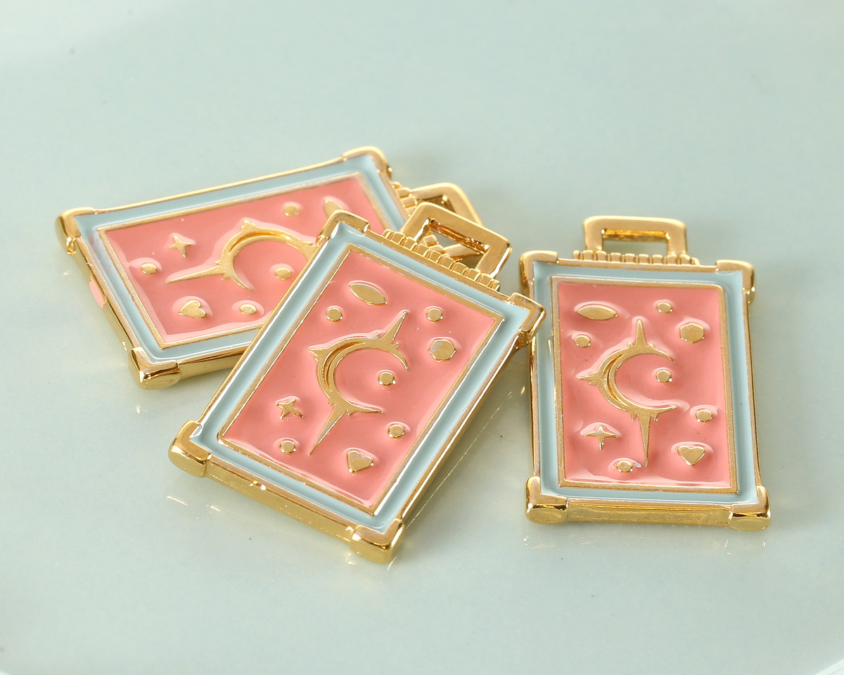 24K Gold (plated) Pink Coral & Turquoise Blue Enamel Tarot Card Focal 18x29mm