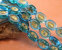 Czech Glass Aquamarine w/ Gold Oval Star Window 14x10mm