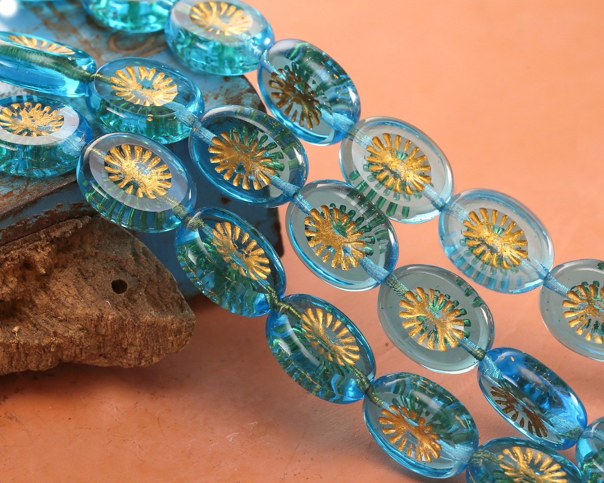 Czech Glass Aquamarine w/ Gold Oval Star Window 14x10mm