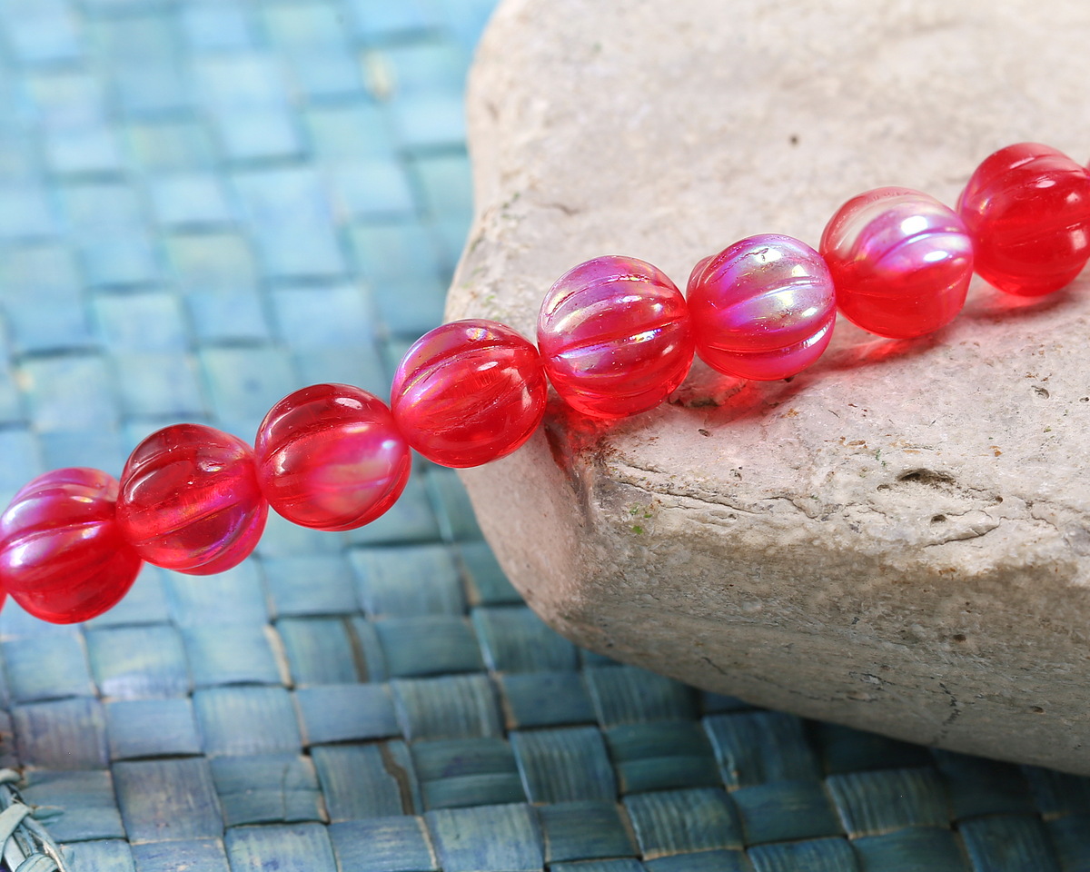 Czech Glass Ruby Red AB Melon Round 8mm