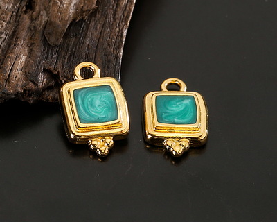 24K Gold (plated) Emerald Pearl Enamel Beaded Square Focal 10x16mm