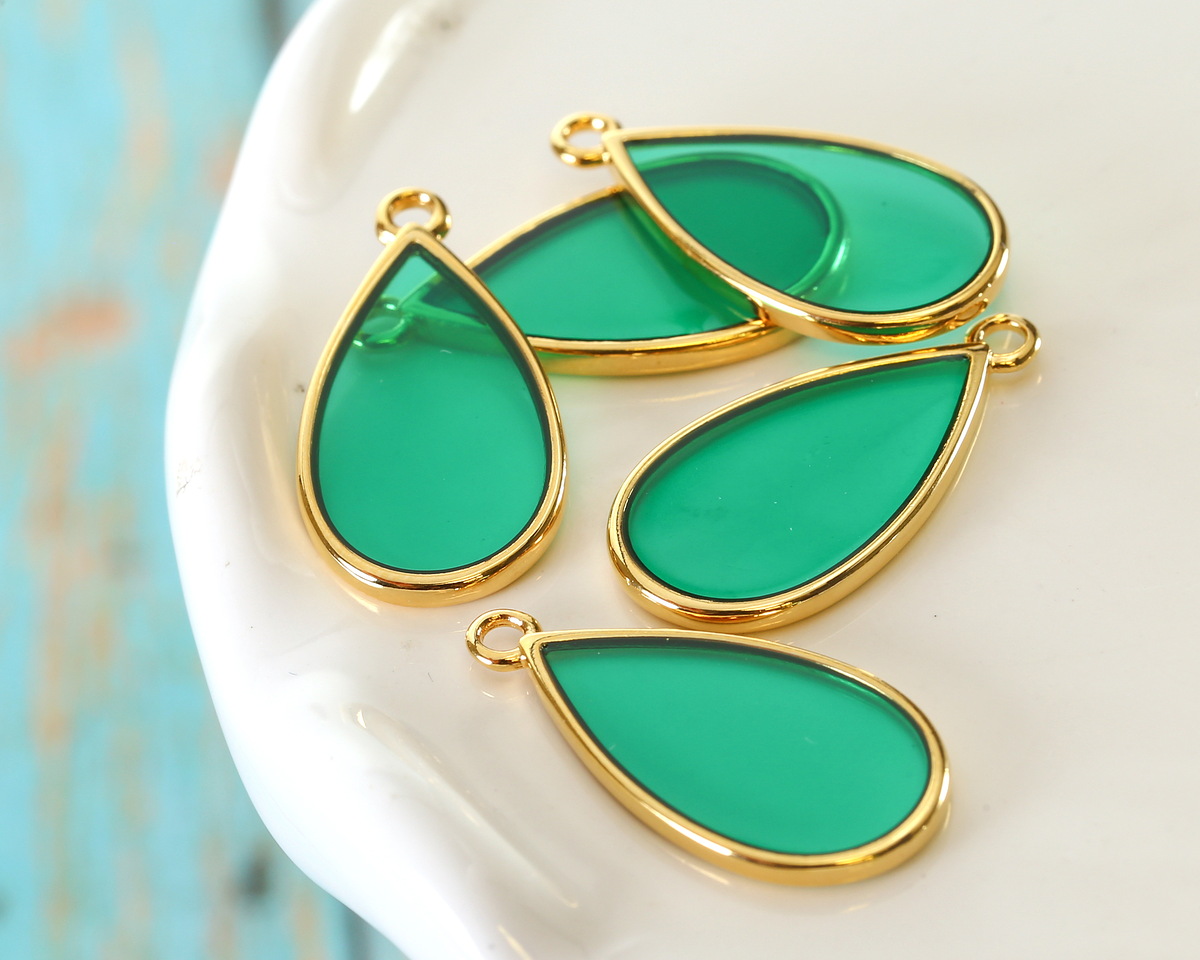 24K Gold (Plated) Transparent Emerald Resin Drop Focal 13x23mm