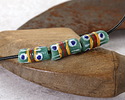 African Glass (Krobo) Green Powder-Cast Hand-Painted Blue Dots & Yellow/Red Striped Tube 15x9mm