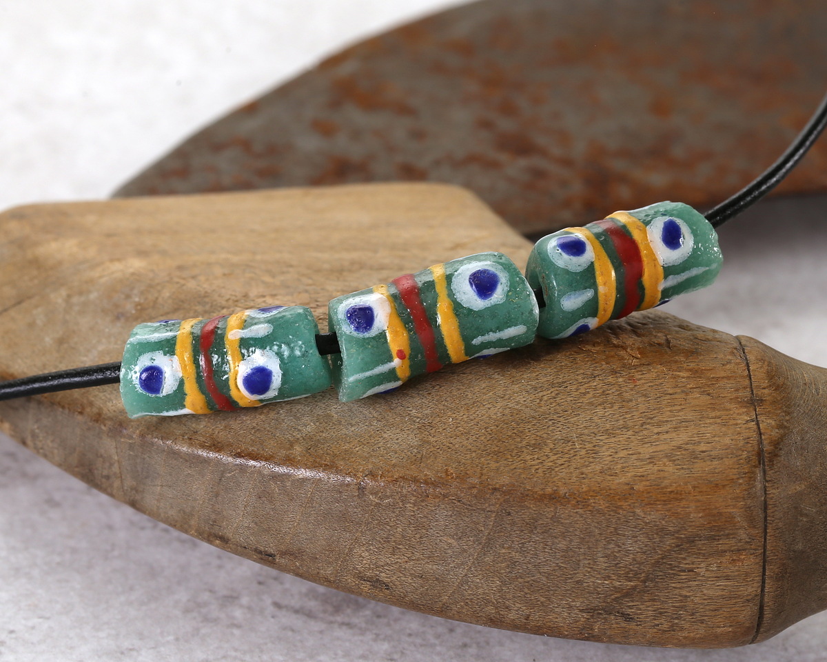 African Glass (Krobo) Green Powder-Cast Hand-Painted Blue Dots & Yellow/Red Striped Tube 15x9mm