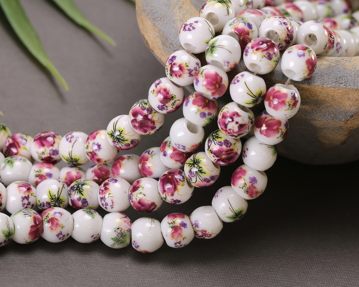 Pink & Purple Spring Flowers Print Porcelain Tumbled Rondelle 7x8mm