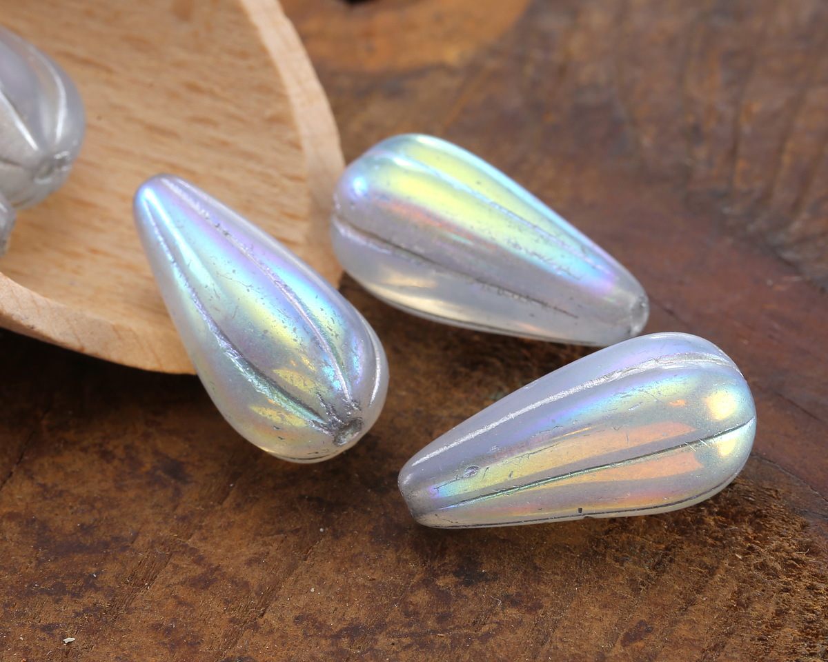 Czech Glass Opal AB w/ Mercury Finish Melon Teardrop 23x12mm