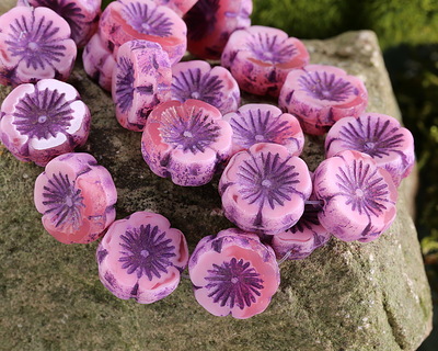 Czech Glass Etched Lilac Tie Dye Hibiscus Coin 14mm