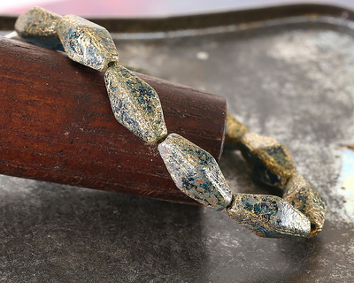 Czech Glass Textured Pacific Blue w/ Gold Rhombus 14x7mm