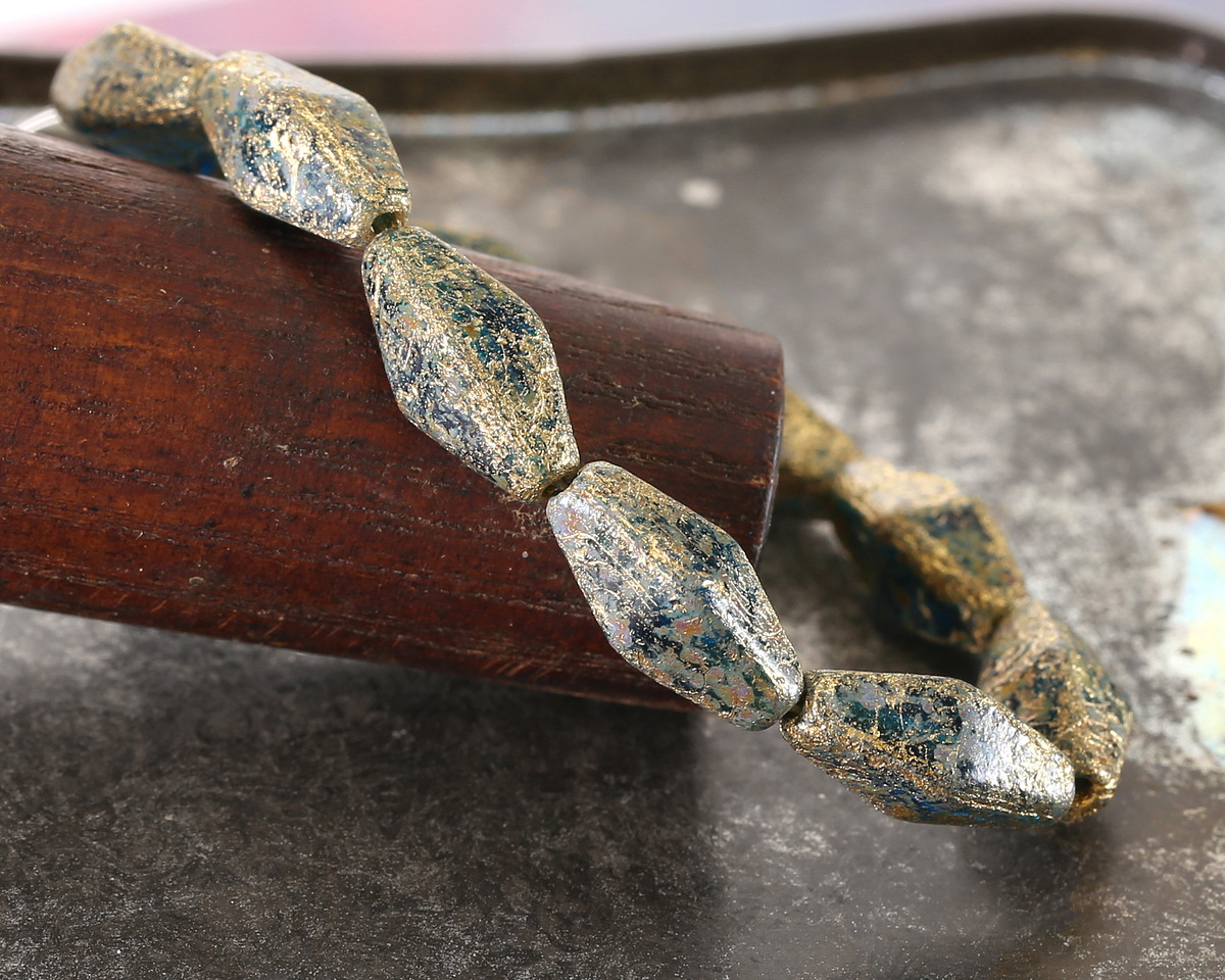 Czech Glass Textured Pacific Blue w/ Gold Rhombus 14x7mm