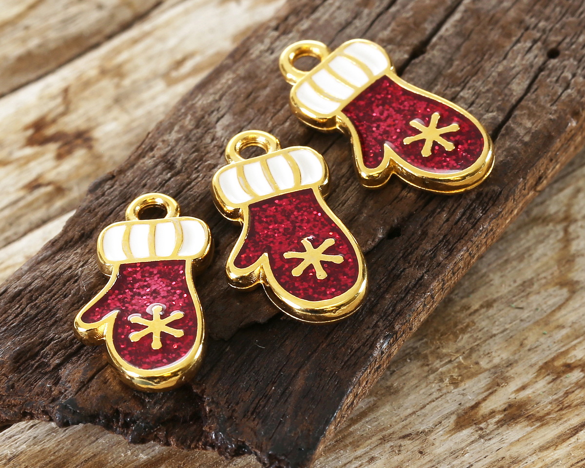 24K Gold (plated) Enamel Mitten w/ Snowflake Focal 9.5x18.5mm