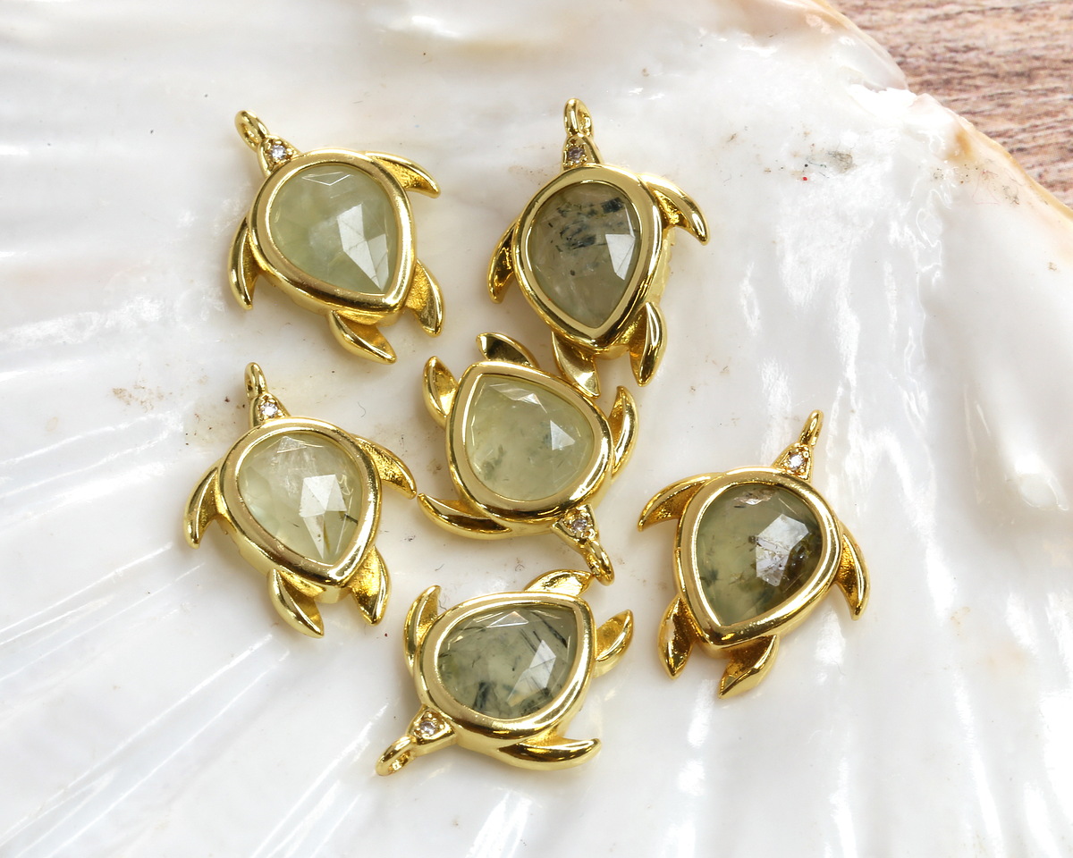 Prehnite w/ Gold Finish Sea Turtle Focal 15x19mm