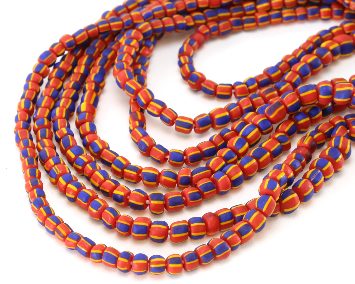 Java Glass Red, Yellow, & Cobalt w/ Stripes Graduated Gooseberry Beads 3-6x4-6mm