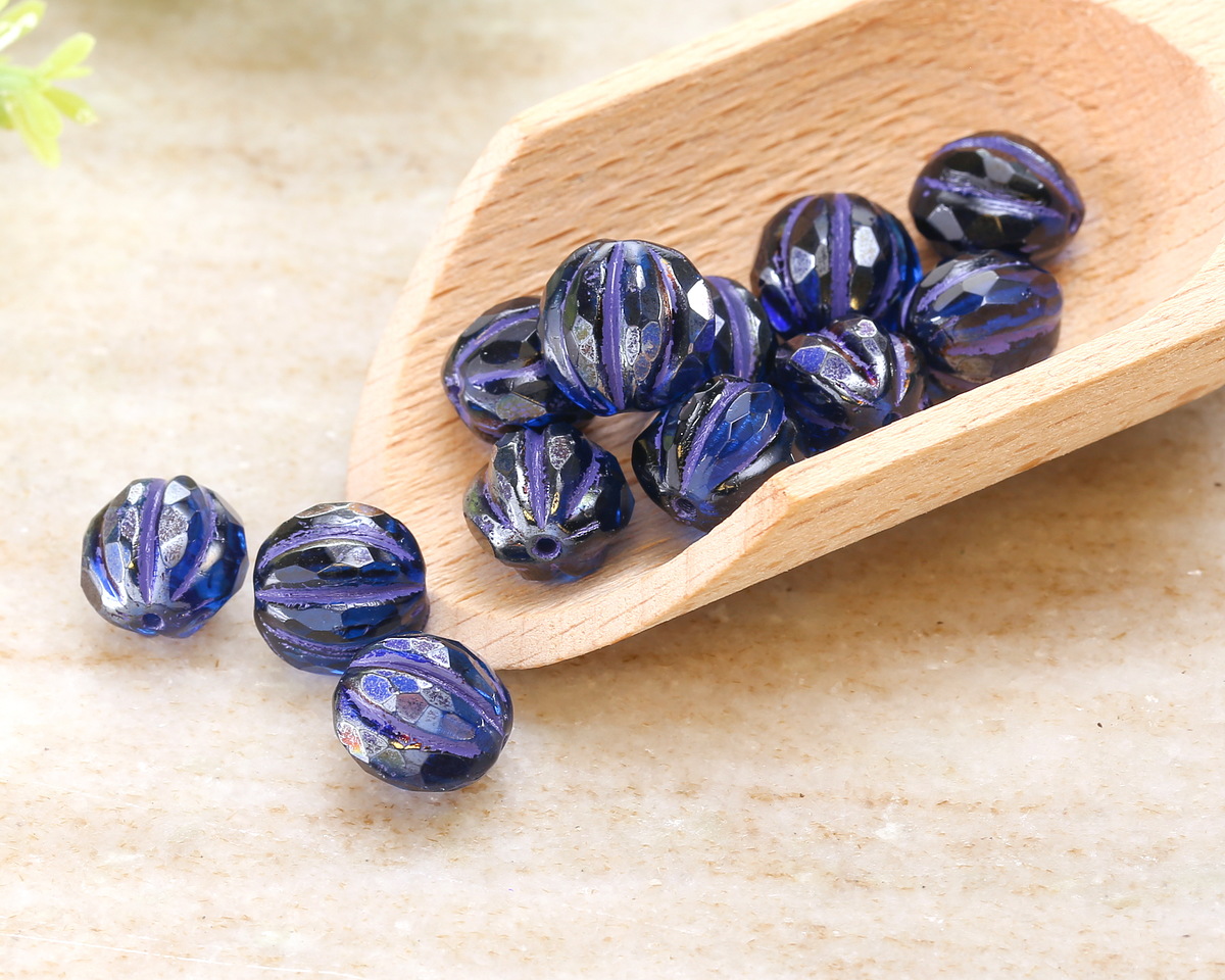 Czech Glass Pacific Blue w/ Iris Luster & Purple Faceted Melon Round 10mm
