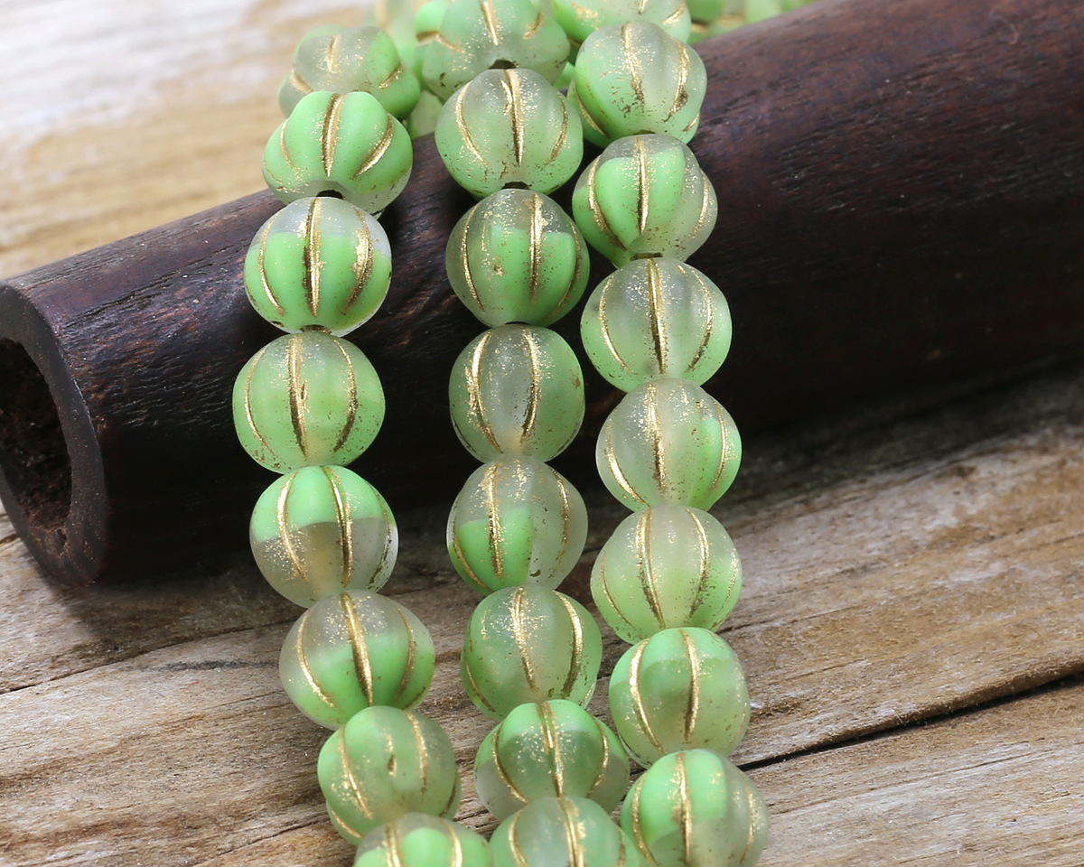 Czech Glass Matte Mossy Path Mix w/ Gold Melon Round 8mm