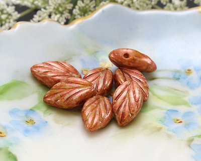 Czech Glass Bisque Picasso w/ Copper Wash Leaf Drop 7x12mm