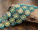 Czech Glass Aquamarine w/ Gold Flower Window Coin 12mm