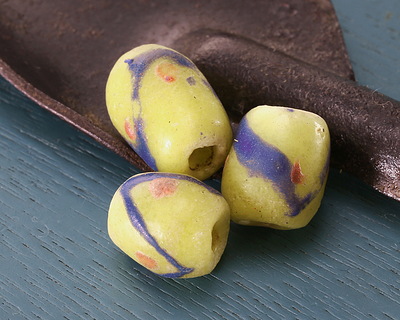 African Hand-Painted Blue Chevron & Red Dot on Yellow Powder Glass (Krobo) Rice 14-15x12mm