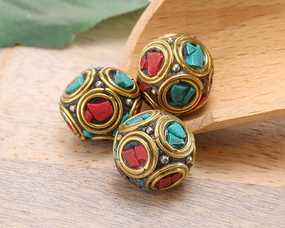 Nepalese Brass Coral & Turquoise Mosaic in Concentric Circles Round 10-11mm