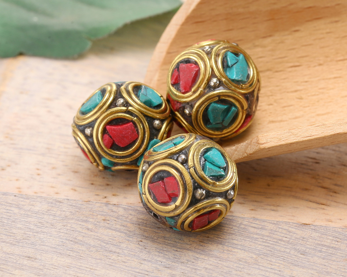 Nepalese Brass Coral & Turquoise Mosaic in Concentric Circles Round 10-11mm