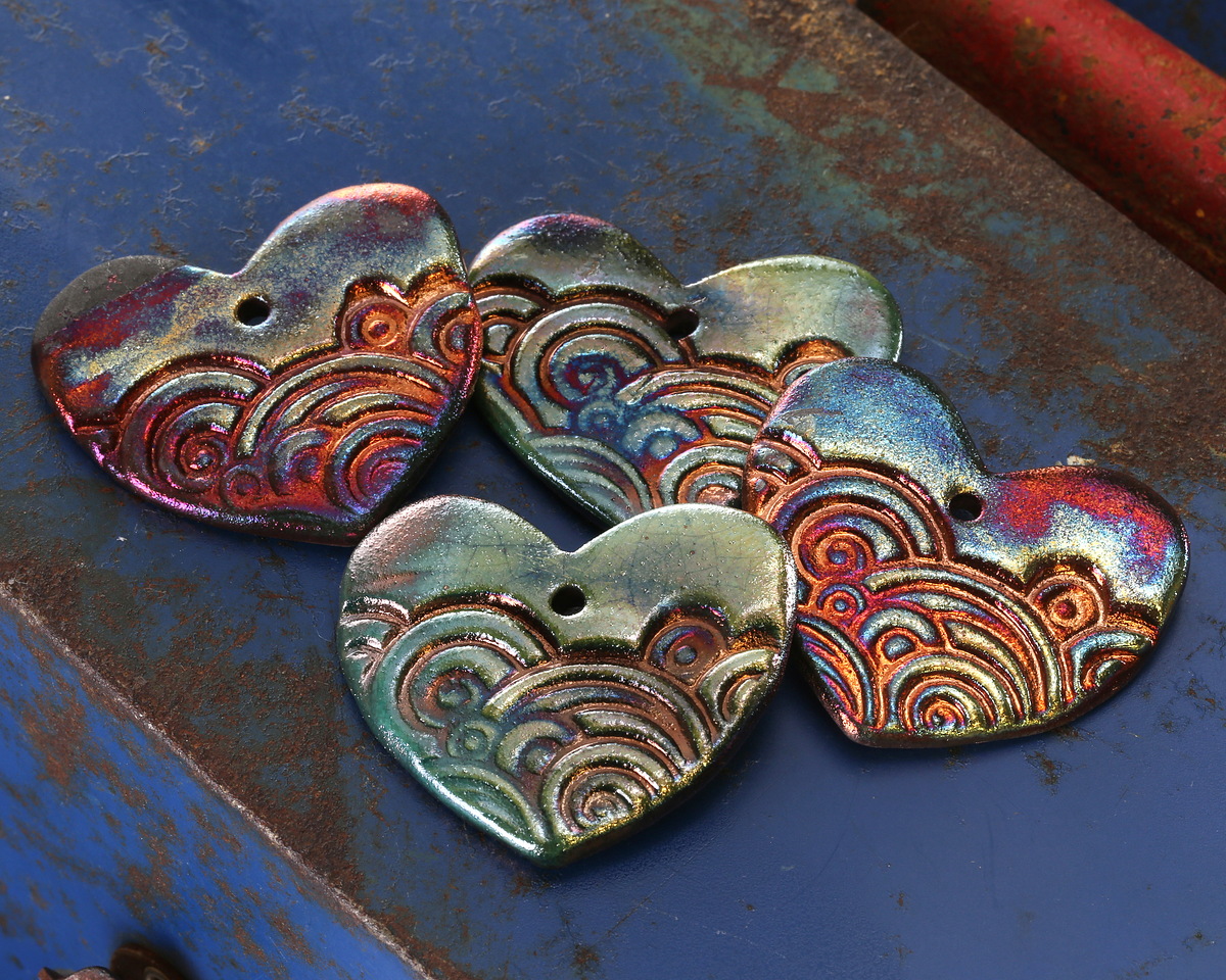 Xaz Raku Flash Swirling Clouds Heart Focal 42-43x36-38mm