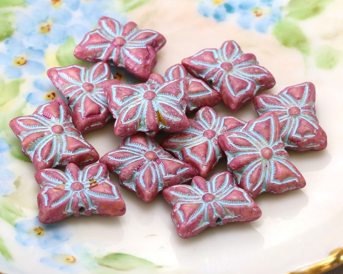 Czech Glass Metallic Pink Guava w/ Sky Blue Butterfly Bead 12x15mm