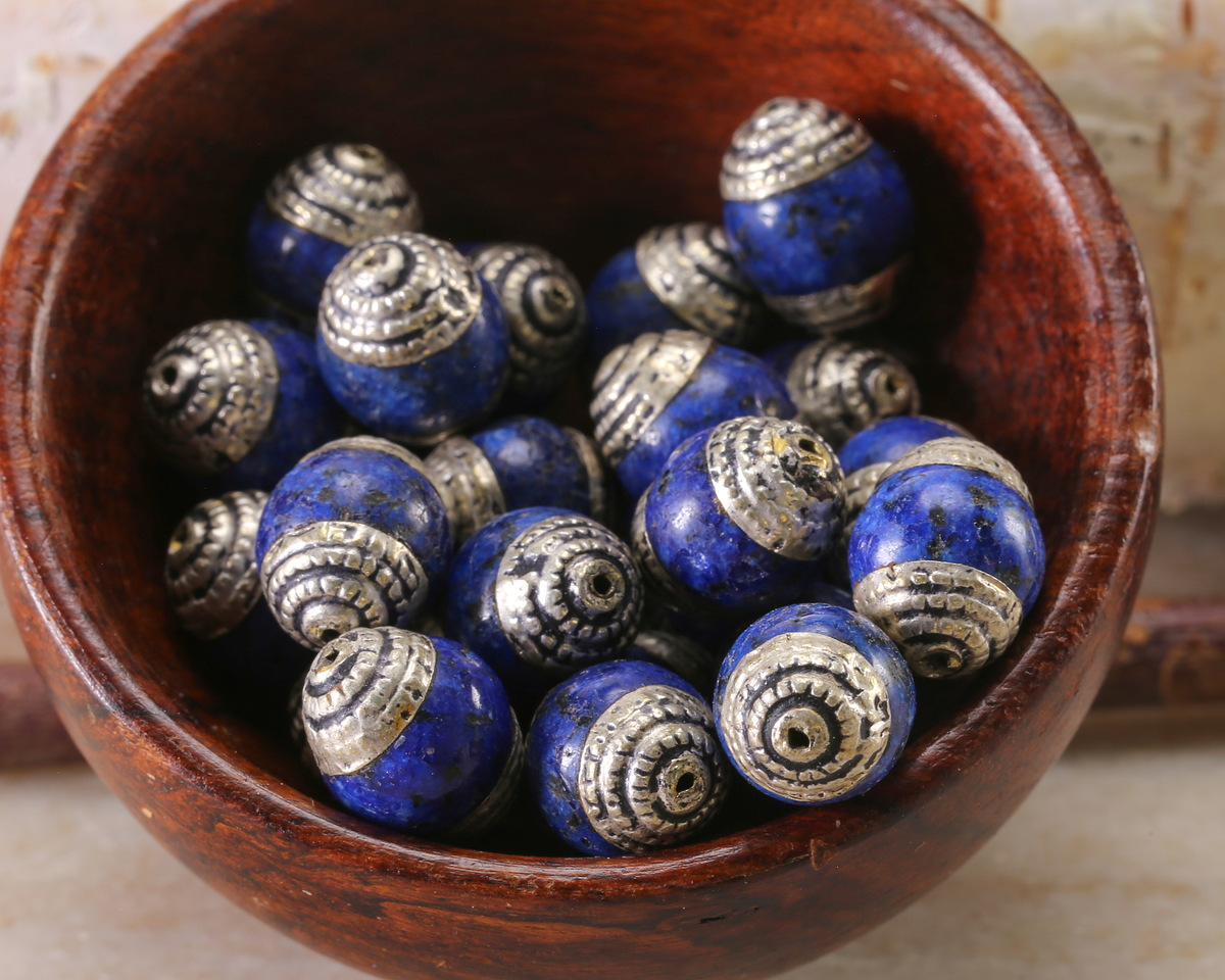 Nepalese Lapis & White Brass Bead 12-14x10mm