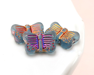 Czech Glass Matte Aquamarine w/ Rainbow Metallic Butterfly 16x11mm