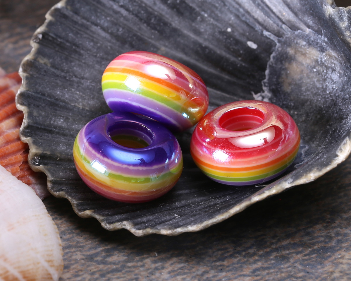 Rainbow Banded Resin Large-Hole Rondelle 8x14mm