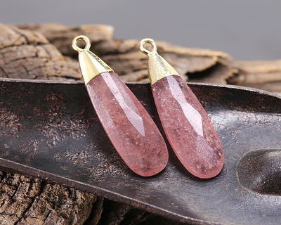 Strawberry Quartz Faceted Puff Teardrop Focal w/ Gold Finish 9x28mm