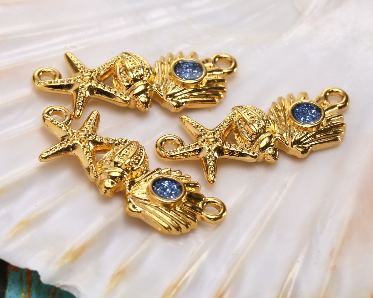 24K Gold (plated) Navy Blue Glitter Enamel Sea Elements Focal Link 26x11mm