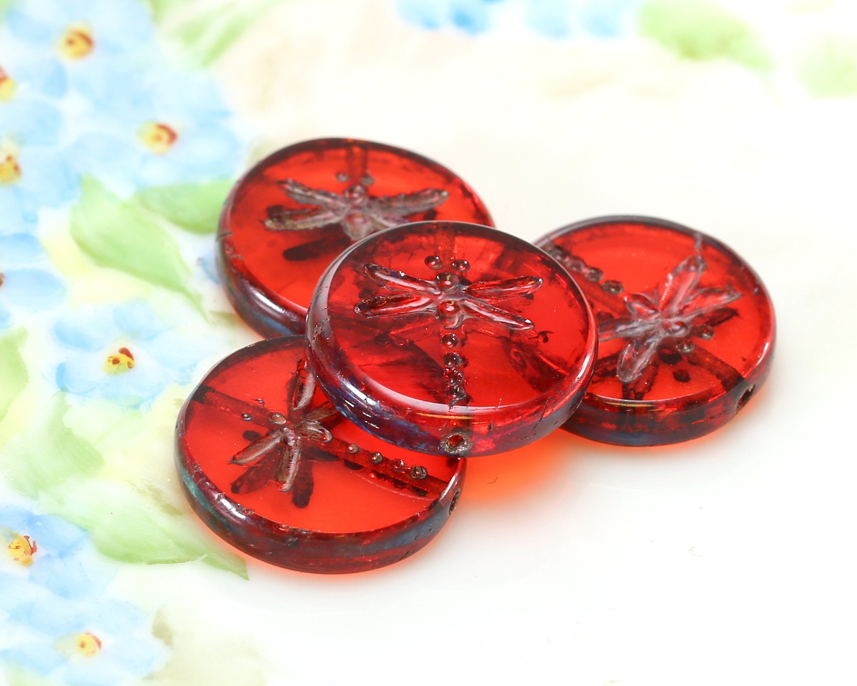 Czech Glass Hyacinth Picasso Dragonfly Coin 17mm