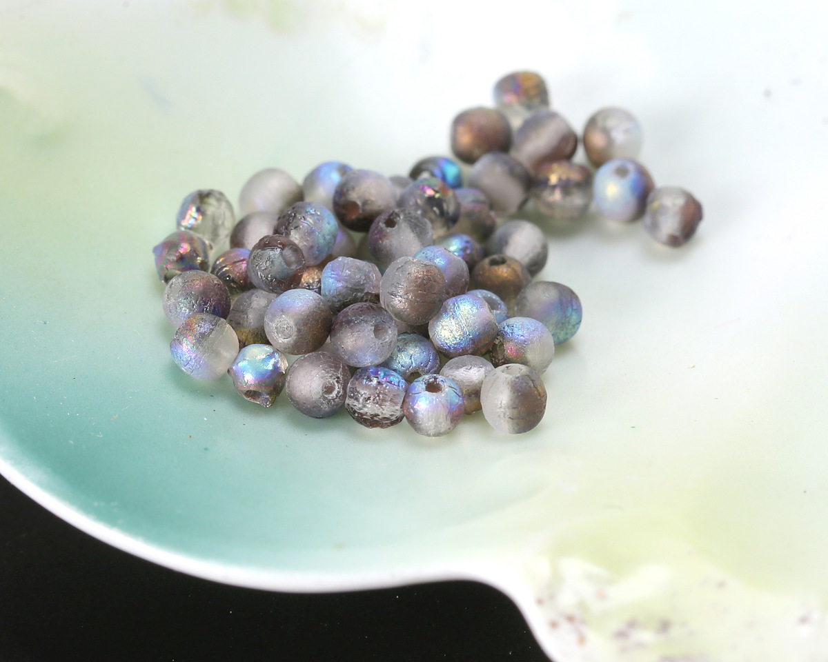 Czech Glass Textured Black Diamond AB w/ Bronze Round Druk 3mm