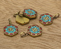 Nepalese Brass Hexagon "Om" Pendant in Turquoise & Coral Mosaic 21x35mm