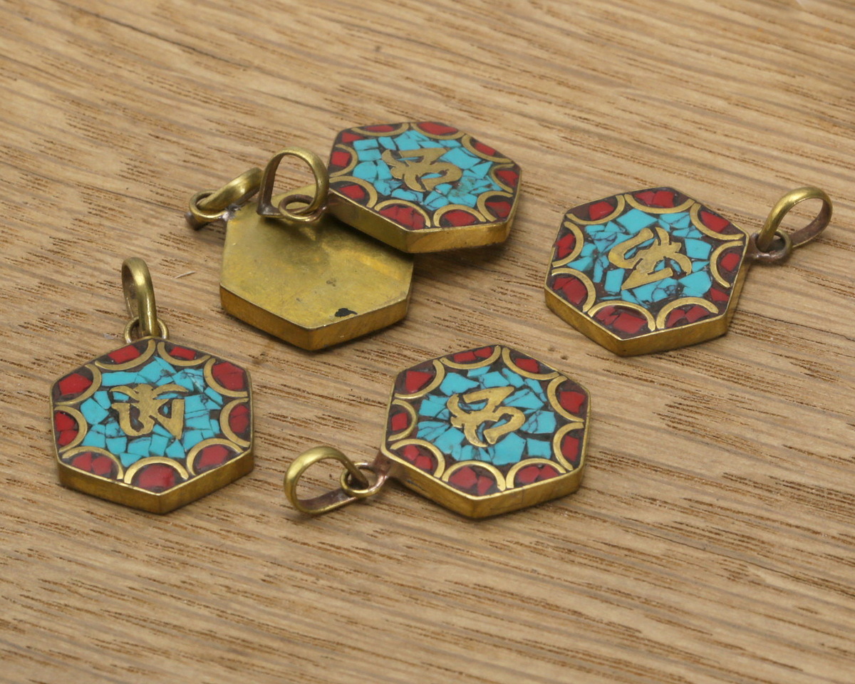 Nepalese Brass Hexagon "Om" Pendant in Turquoise & Coral Mosaic 21x35mm