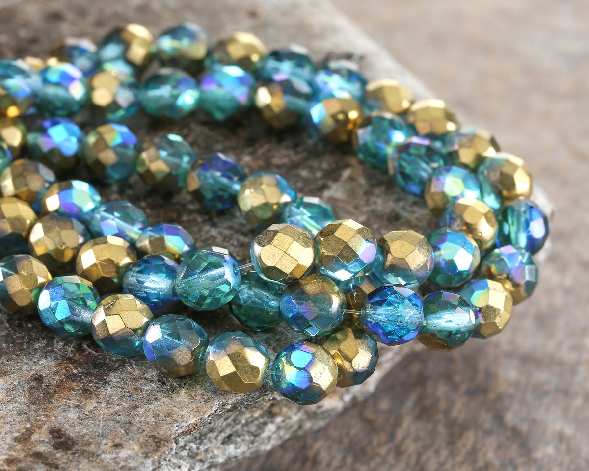 Czech Glass Aquamarine AB w/ Gold Fire Polished Round 8mm