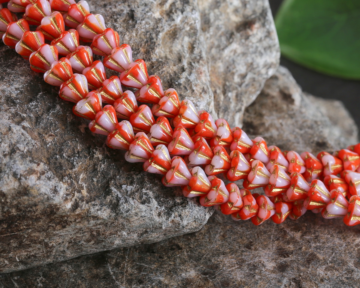 Czech Glass Red & White Mix w/ Gold Bellflower 5x6mm