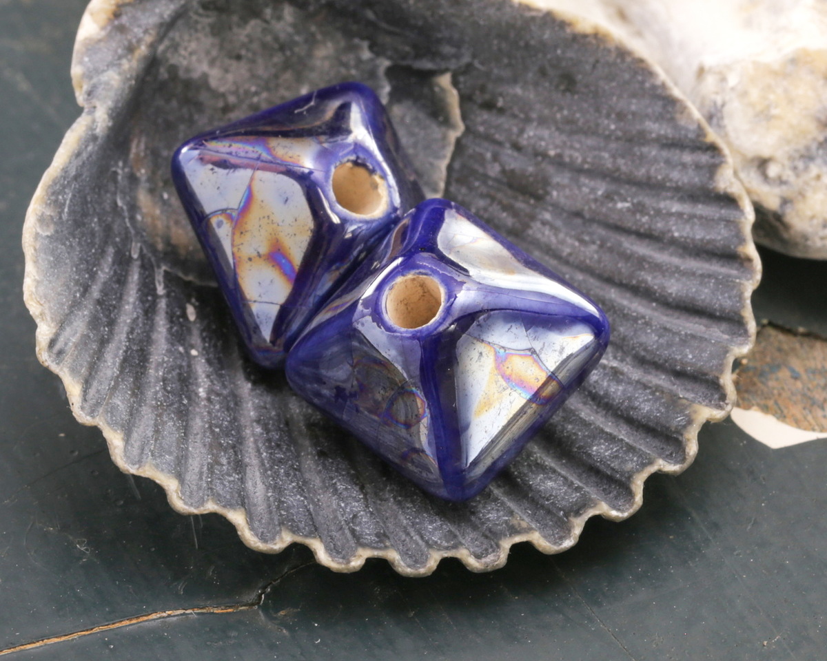 Mykonos Ceramic Iridescent Cobalt Octahedron Bead 13x15mm