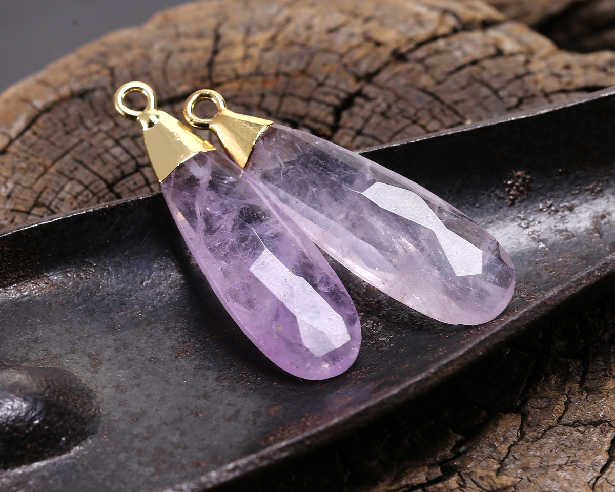 Lavender Amethyst Faceted Puff Teardrop Focal w/ Gold Finish 9x28mm