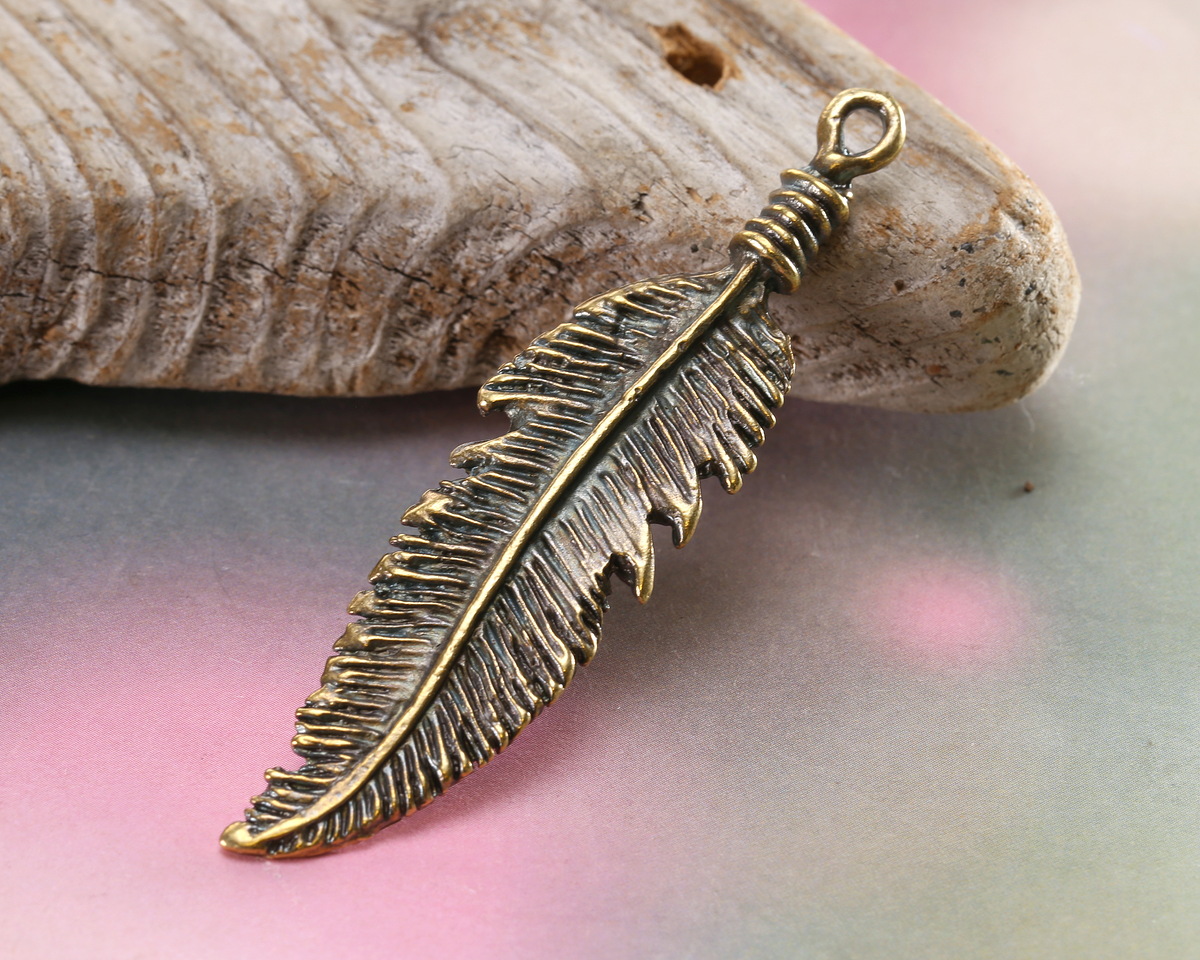 Mykonos Antique Brass (plated) Feather Pendant 17x67mm